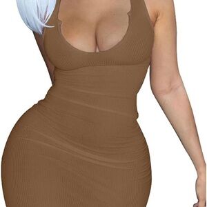 Brown Ribbed Bodycon Dress